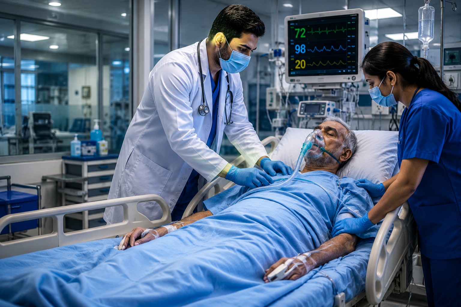 Affordable ICU Services In Mira Road providing advanced critical care support with experienced doctors monitoring a patient in a modern intensive care unit during a medical emergency