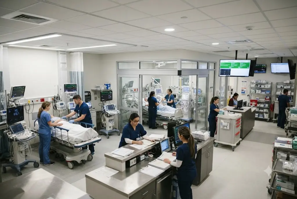 Medical team providing 24x7 intensive care in a modern ICU hospital