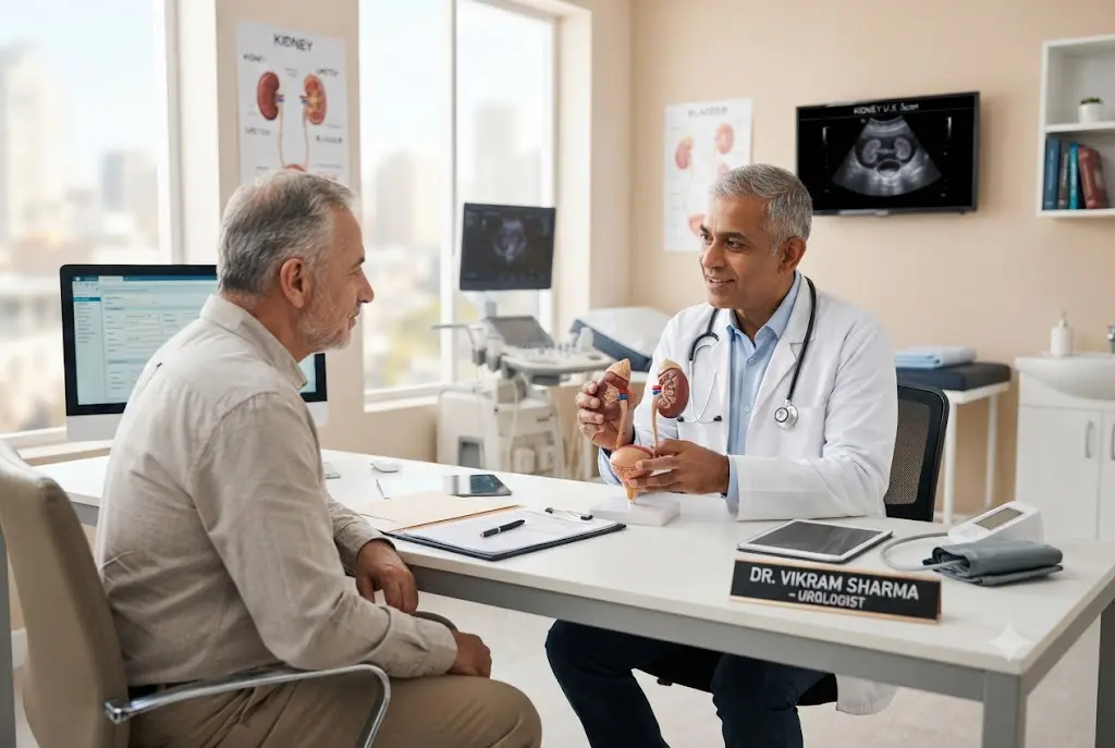 Urologist discussing kidney and urinary health with a patient in a modern clinic