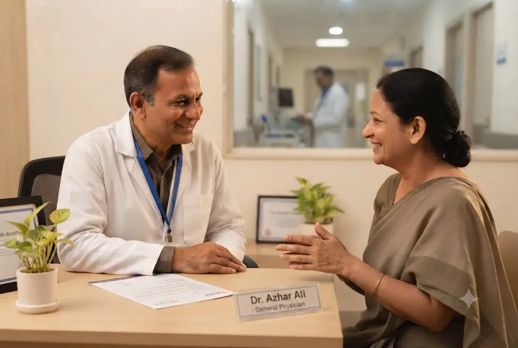 Doctor explaining a preventive health checkup in Mira Road report to a patient.