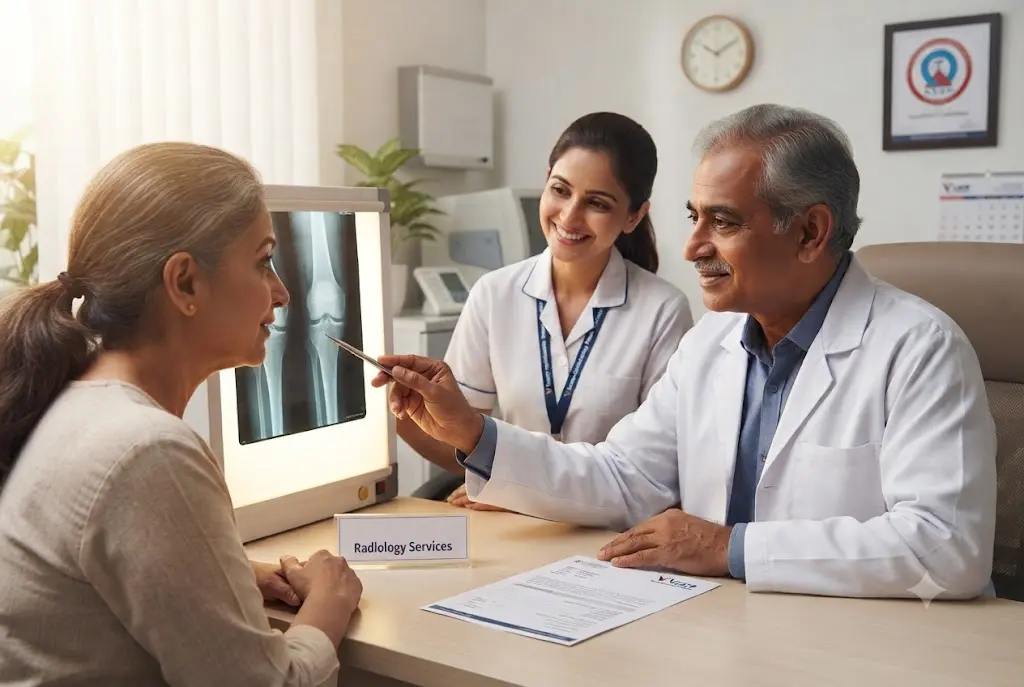 Compassionate doctor discussing an X-ray during a radiology service in Mira Road with a patient.